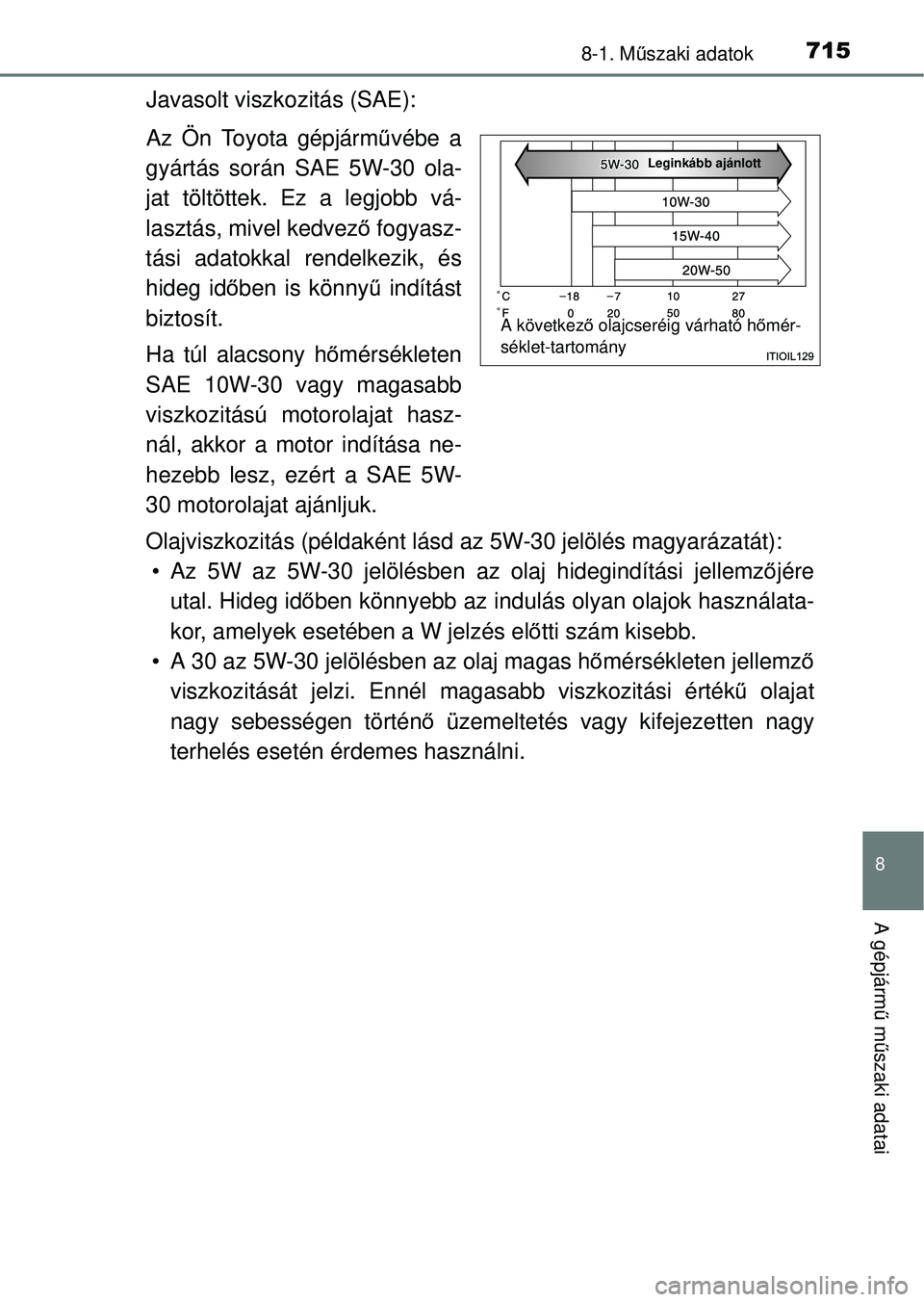 TOYOTA RAV4 2014 Kezelési útmutató (in Hungarian) 715
8
8-1. Műszaki adatok
A gépjárm ű m űszaki adatai
Javasolt viszkozitás (SAE):
Az Ön Toyota gépjárm űvébe a
gyártás során SAE 5W-30 ola-
jat töltöttek. Ez a legjobb vá-
lasztás, m TOYOTA RAV4 2014 Kezelési útmutató (in Hungarian) 715
8
8-1. Műszaki adatok
A gépjárm ű m űszaki adatai
Javasolt viszkozitás (SAE):
Az Ön Toyota gépjárm űvébe a
gyártás során SAE 5W-30 ola-
jat töltöttek. Ez a legjobb vá-
lasztás, m