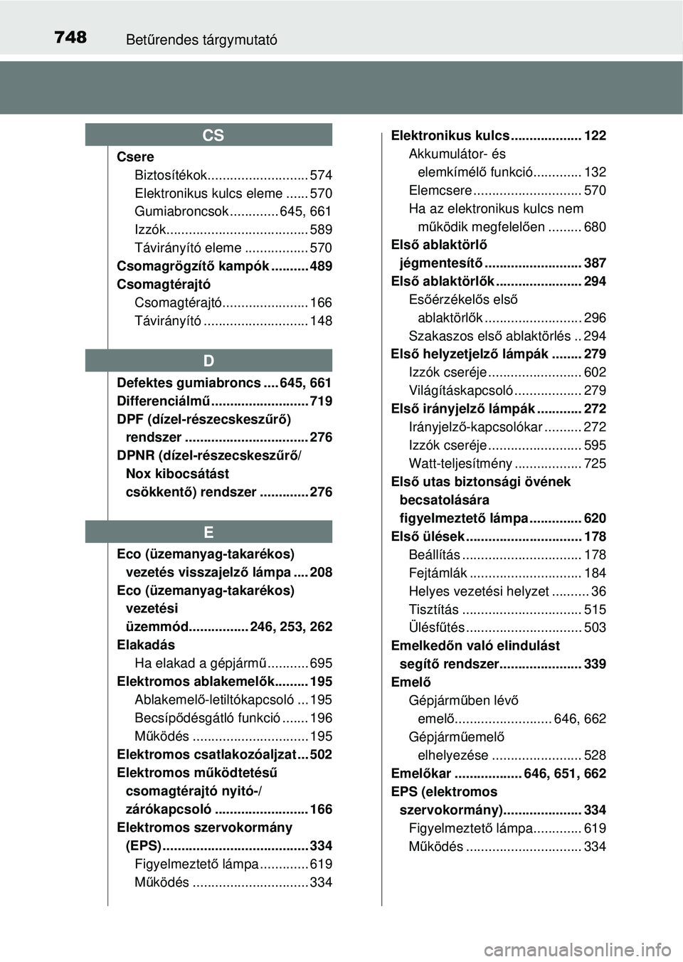 TOYOTA RAV4 2014 Kezelési útmutató (in Hungarian) 748Betűrendes tárgymutató
Csere
Biztosítékok........................... 574
Elektronikus kulcs eleme ...... 570
Gumiabroncsok ............. 645, 661
Izzók...................................... 5 TOYOTA RAV4 2014 Kezelési útmutató (in Hungarian) 748Betűrendes tárgymutató
Csere
Biztosítékok........................... 574
Elektronikus kulcs eleme ...... 570
Gumiabroncsok ............. 645, 661
Izzók...................................... 5