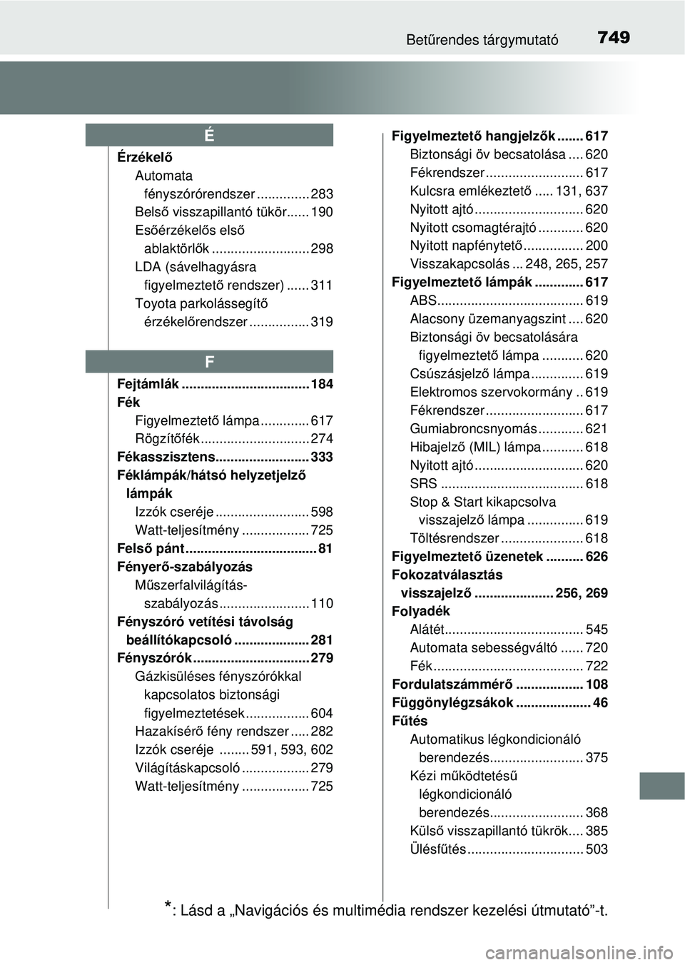 TOYOTA RAV4 2014 Kezelési útmutató (in Hungarian) 749Betűrendes tárgymutató
Érzékel ő
Automata fényszórórendszer .............. 283
Bels ő visszapillantó tükör...... 190
Es őérzékel ős első
ablaktörl ők ........................ TOYOTA RAV4 2014 Kezelési útmutató (in Hungarian) 749Betűrendes tárgymutató
Érzékel ő
Automata fényszórórendszer .............. 283
Bels ő visszapillantó tükör...... 190
Es őérzékel ős első
ablaktörl ők ........................