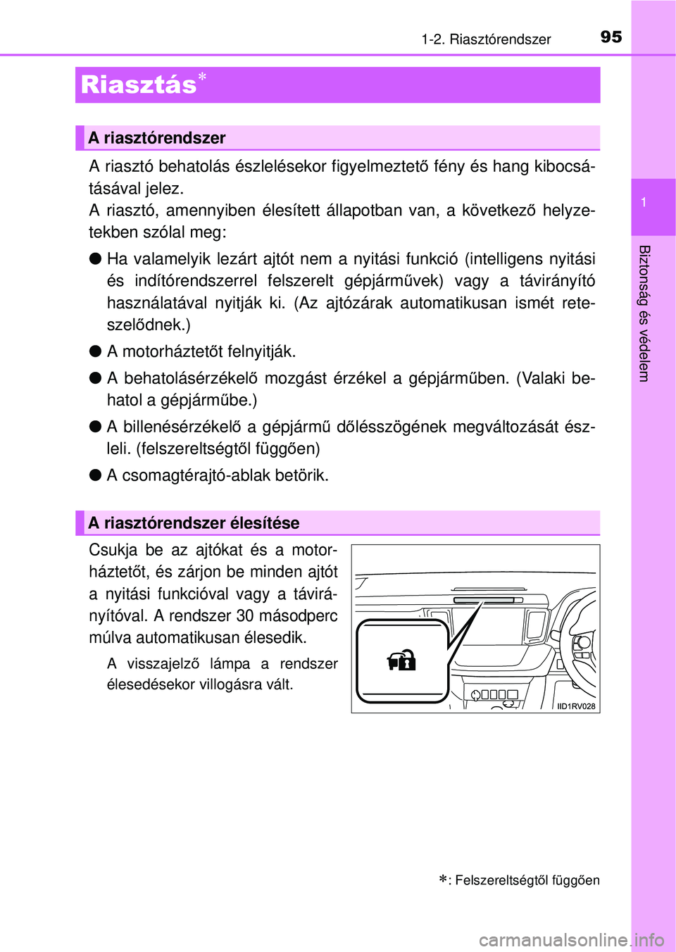 TOYOTA RAV4 2014  Kezelési útmutató (in Hungarian) 95
1
1-2. Riasztórendszer
Biztonság és védelem
Riasztás
A riasztó behatolás észlelésekor figyelmeztető fény és hang kibocsá-
tásával jelez.
A riasztó, amennyiben élesít ett állap