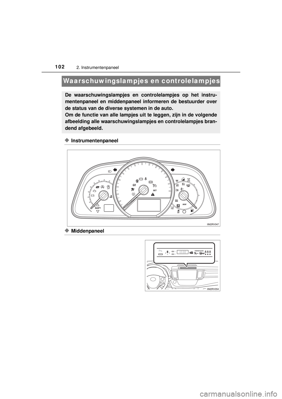 TOYOTA RAV4 2014 Instructieboekje (in Dutch) 1022. Instrumentenpaneel
RAV4_OM_OM42A21E_(EE)
Waarschuwingslampjes en controlelampjes
◆Instrumentenpaneel
◆Middenpaneel
De waarschuwingslampjes en controlelampjes op het instru-
mentenpaneel en m TOYOTA RAV4 2014 Instructieboekje (in Dutch) 1022. Instrumentenpaneel
RAV4_OM_OM42A21E_(EE)
Waarschuwingslampjes en controlelampjes
◆Instrumentenpaneel
◆Middenpaneel
De waarschuwingslampjes en controlelampjes op het instru-
mentenpaneel en m