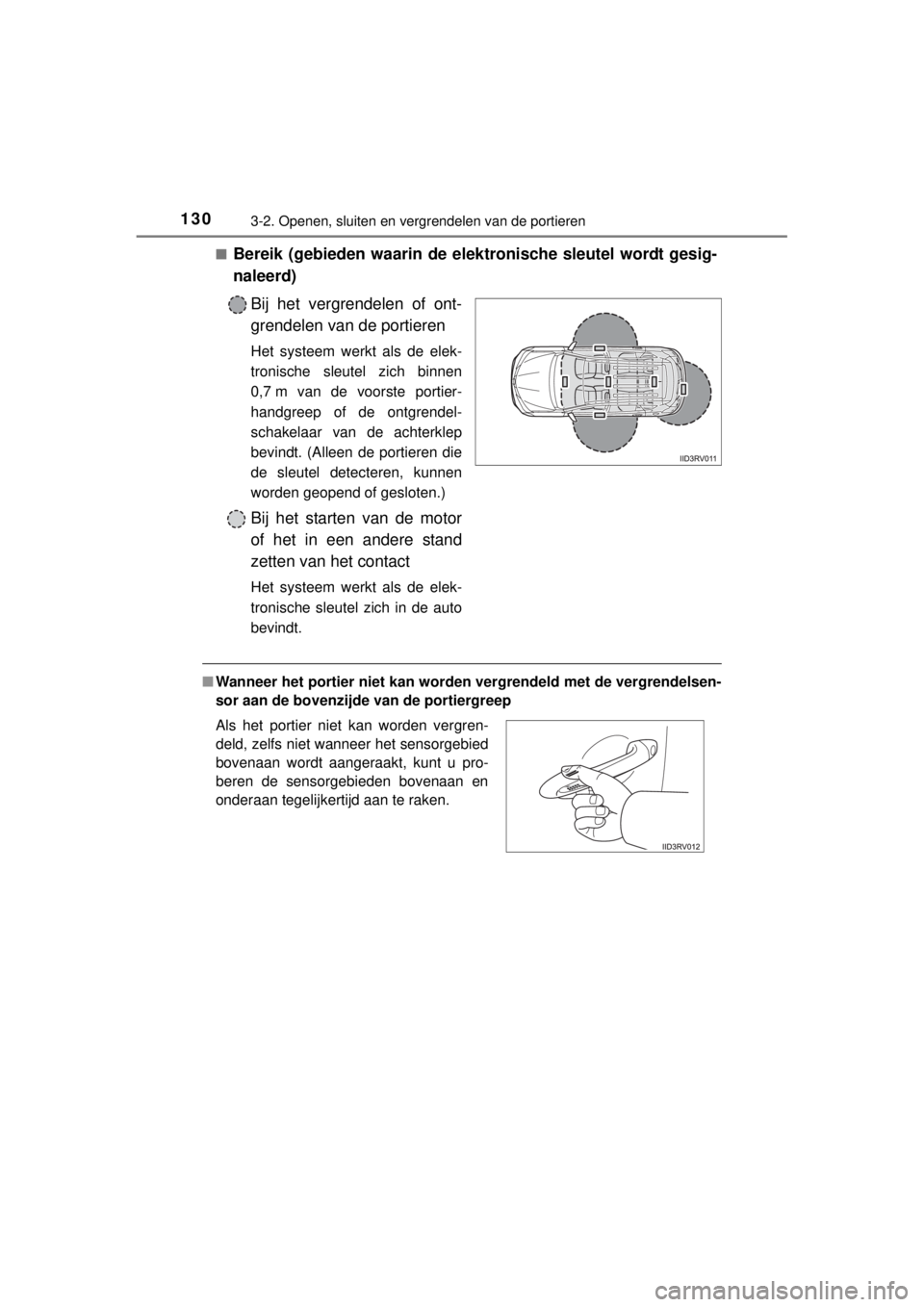 TOYOTA RAV4 2014 Instructieboekje (in Dutch) 1303-2. Openen, sluiten en vergrendelen van de portieren
RAV4_OM_OM42A21E_(EE)■
Bereik (gebieden waarin de elektronische sleutel wordt gesig-
naleerd)
Bij het vergrendelen of ont-
grendelen van de p TOYOTA RAV4 2014 Instructieboekje (in Dutch) 1303-2. Openen, sluiten en vergrendelen van de portieren
RAV4_OM_OM42A21E_(EE)■
Bereik (gebieden waarin de elektronische sleutel wordt gesig-
naleerd)
Bij het vergrendelen of ont-
grendelen van de p
