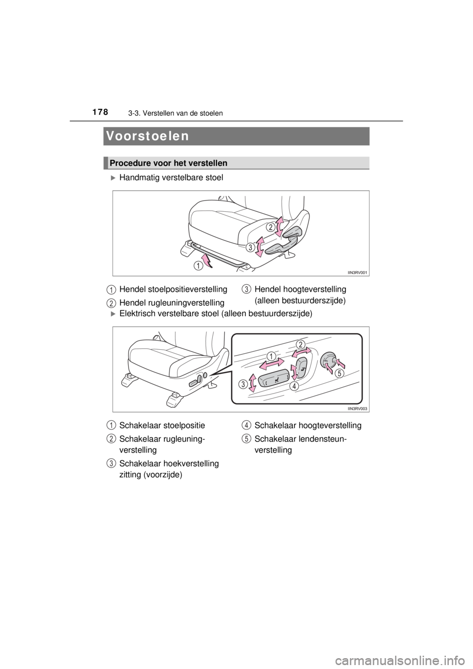 TOYOTA RAV4 2014 Instructieboekje (in Dutch) 1783-3. Verstellen van de stoelen
RAV4_OM_OM42A21E_(EE)
Voorstoelen
Handmatig verstelbare stoel
Elektrisch verstelbare stoel (alleen bestuurderszijde)
Procedure voor het verstellen
Hendel stoelp TOYOTA RAV4 2014 Instructieboekje (in Dutch) 1783-3. Verstellen van de stoelen
RAV4_OM_OM42A21E_(EE)
Voorstoelen
Handmatig verstelbare stoel
Elektrisch verstelbare stoel (alleen bestuurderszijde)
Procedure voor het verstellen
Hendel stoelp