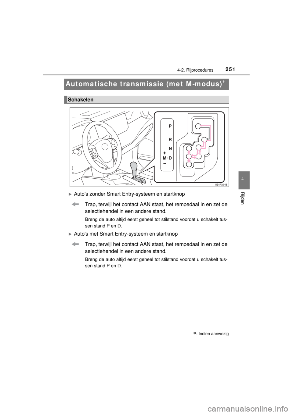 TOYOTA RAV4 2014 Instructieboekje (in Dutch) 251
4
4-2. Rijprocedures
Rijden
RAV4_OM_OM42A21E_(EE)
Automatische transmissie (met M-modus)
Autos zonder Smart Entry-systeem en startknop
Trap, terwijl het contact AAN staat, het rempedaal in TOYOTA RAV4 2014 Instructieboekje (in Dutch) 251
4
4-2. Rijprocedures
Rijden
RAV4_OM_OM42A21E_(EE)
Automatische transmissie (met M-modus)
Autos zonder Smart Entry-systeem en startknop
Trap, terwijl het contact AAN staat, het rempedaal in