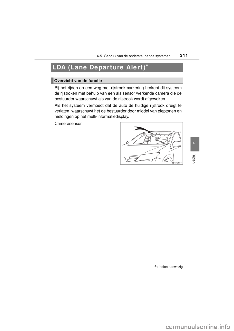 TOYOTA RAV4 2014 Instructieboekje (in Dutch) 311
4
4-5. Gebruik van de ondersteunende systemen
Rijden
RAV4_OM_OM42A21E_(EE)
LDA (Lane Departure Alert)
Bij het rijden op een weg met rijstrookmarkering herkent dit systeem
de rijstroken met behu TOYOTA RAV4 2014 Instructieboekje (in Dutch) 311
4
4-5. Gebruik van de ondersteunende systemen
Rijden
RAV4_OM_OM42A21E_(EE)
LDA (Lane Departure Alert)
Bij het rijden op een weg met rijstrookmarkering herkent dit systeem
de rijstroken met behu
