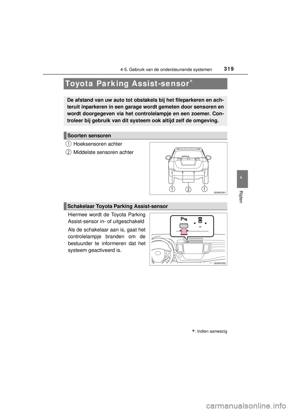 TOYOTA RAV4 2014 Instructieboekje (in Dutch) 319
4
4-5. Gebruik van de ondersteunende systemen
Rijden
RAV4_OM_OM42A21E_(EE)
Toyota Parking Assist-sensor
Hoeksensoren achter
Middelste sensoren achter
Hiermee wordt de Toyota Parking
Assist-sens TOYOTA RAV4 2014 Instructieboekje (in Dutch) 319
4
4-5. Gebruik van de ondersteunende systemen
Rijden
RAV4_OM_OM42A21E_(EE)
Toyota Parking Assist-sensor
Hoeksensoren achter
Middelste sensoren achter
Hiermee wordt de Toyota Parking
Assist-sens