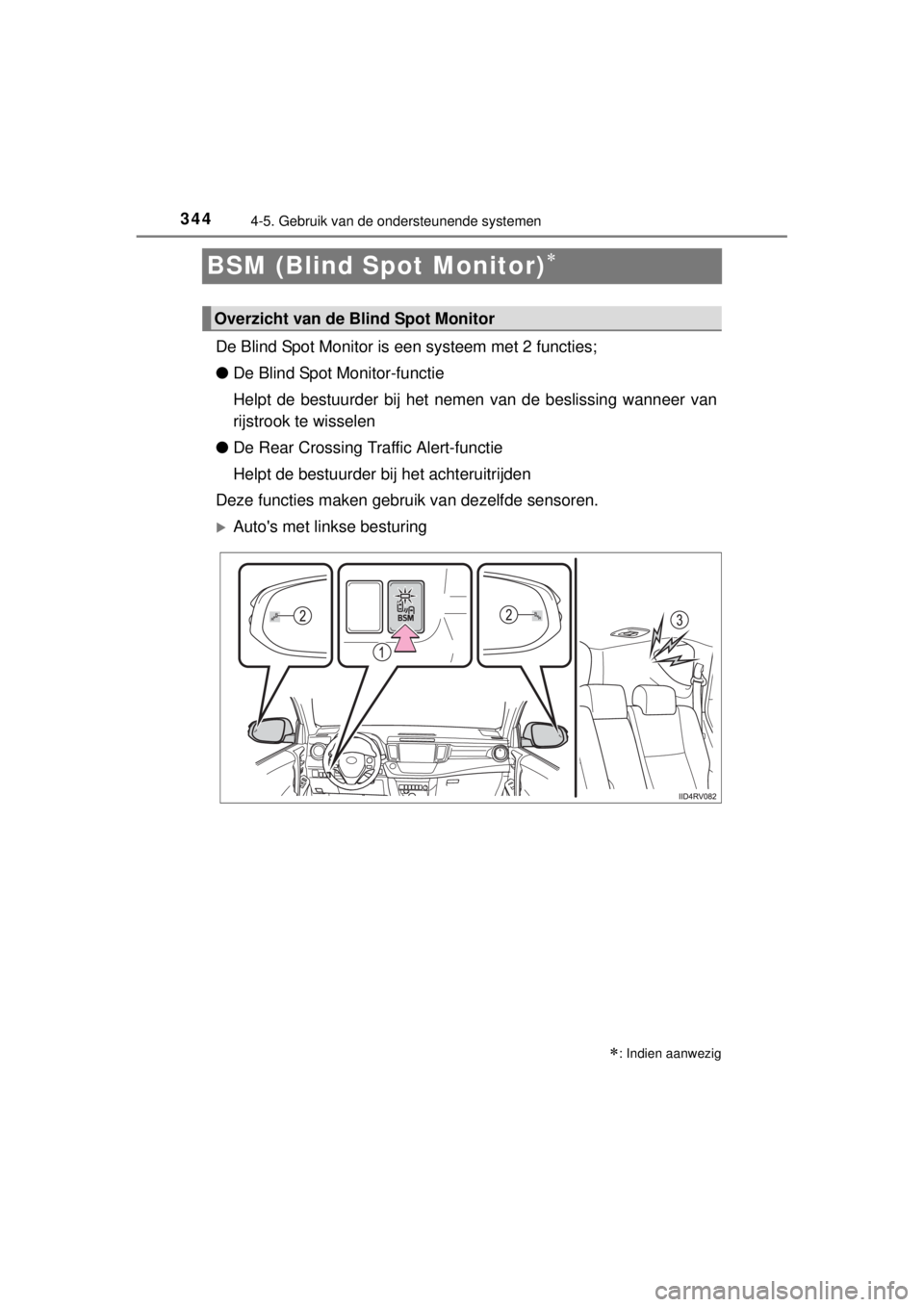 TOYOTA RAV4 2014 Instructieboekje (in Dutch) 3444-5. Gebruik van de ondersteunende systemen
RAV4_OM_OM42A21E_(EE)
BSM (Blind Spot Monitor)
De Blind Spot Monitor is een systeem met 2 functies;
●De Blind Spot Monitor-functie
Helpt de bestuurd TOYOTA RAV4 2014 Instructieboekje (in Dutch) 3444-5. Gebruik van de ondersteunende systemen
RAV4_OM_OM42A21E_(EE)
BSM (Blind Spot Monitor)
De Blind Spot Monitor is een systeem met 2 functies;
●De Blind Spot Monitor-functie
Helpt de bestuurd