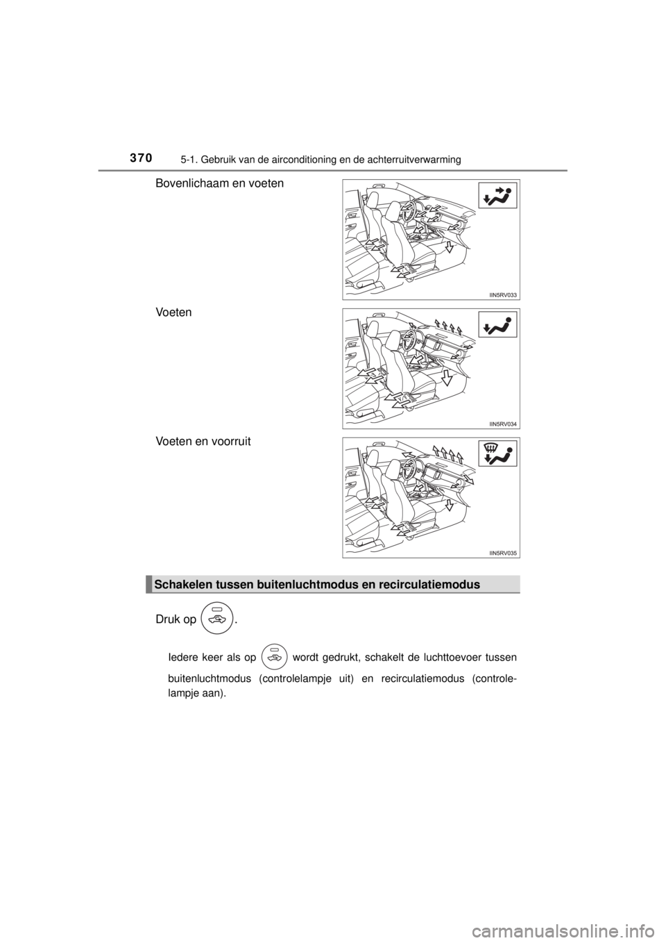 TOYOTA RAV4 2014  Instructieboekje (in Dutch) 3705-1. Gebruik van de airconditioning en de achterruitverwarming
RAV4_OM_OM42A21E_(EE)
Bovenlichaam en voeten
Vo e t e n
Voeten en voorruit
Druk op  .
Iedere keer als op   wordt gedrukt, schakelt de 