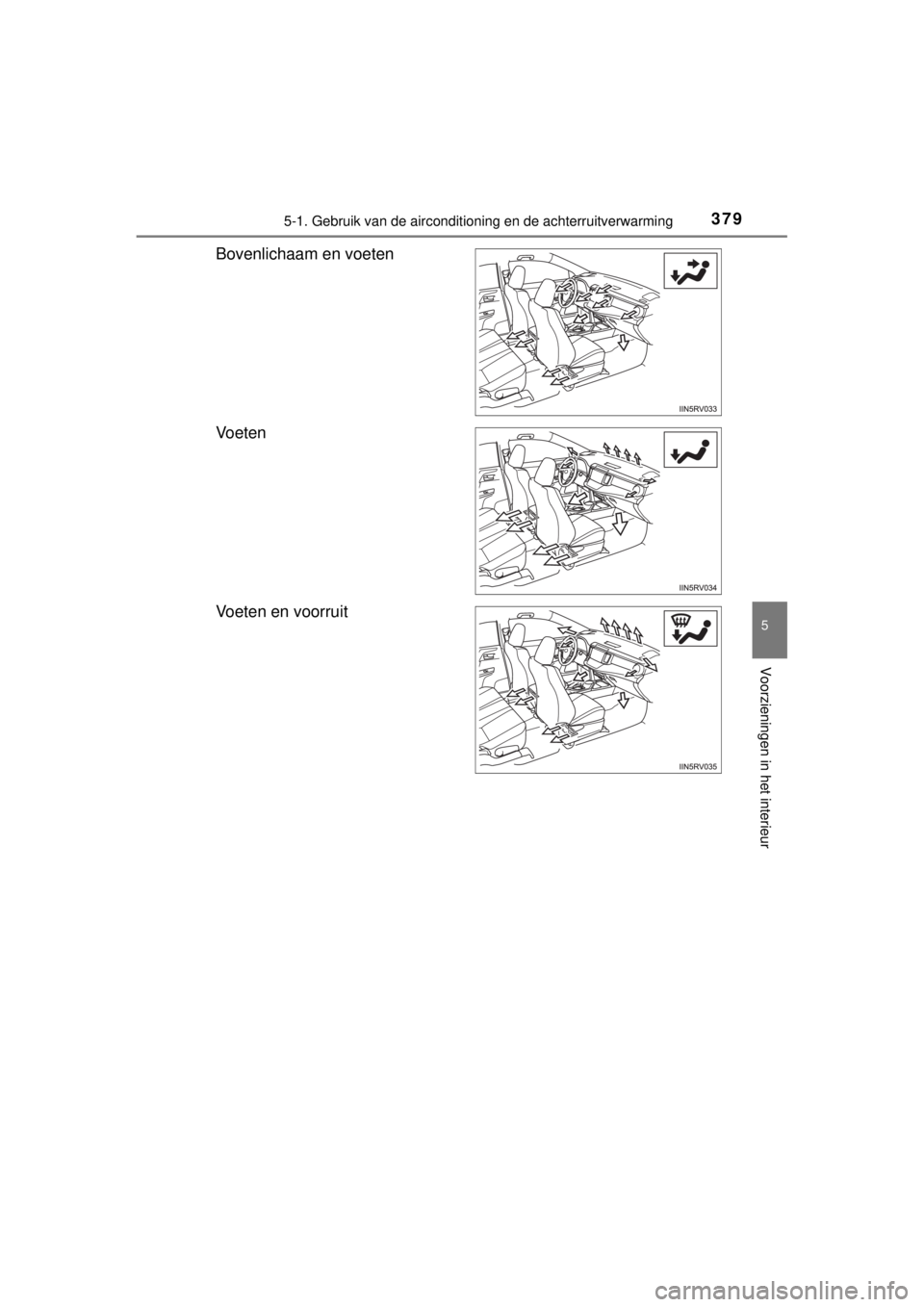 TOYOTA RAV4 2014  Instructieboekje (in Dutch) 3795-1. Gebruik van de airconditioning en de achterruitverwarming
5
Voorzieningen in het interieur
RAV4_OM_OM42A21E_(EE)
Bovenlichaam en voeten
Vo e t e n
Voeten en voorruit 