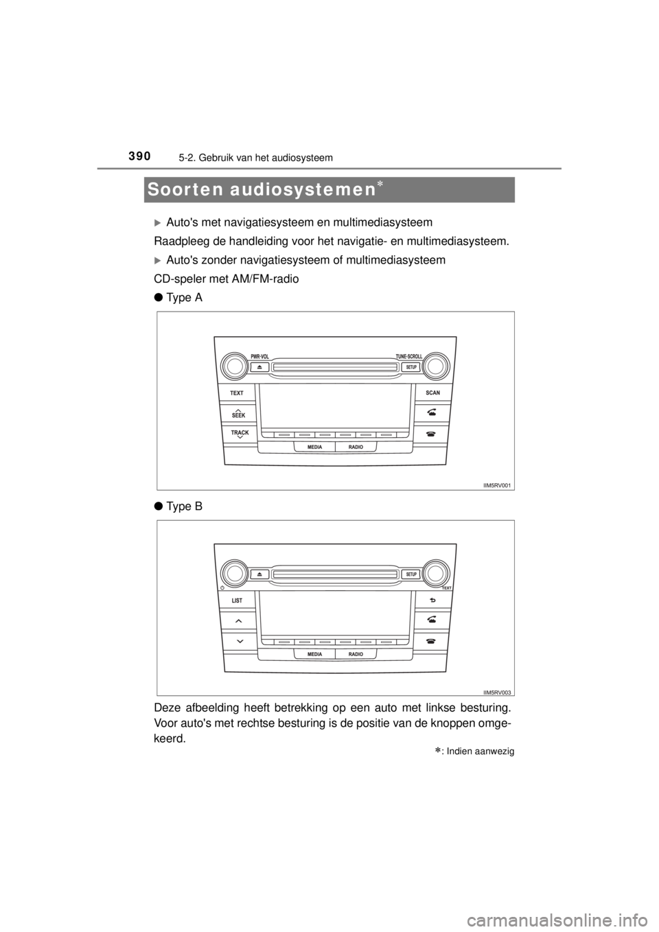 TOYOTA RAV4 2014  Instructieboekje (in Dutch) 3905-2. Gebruik van het audiosysteem
RAV4_OM_OM42A21E_(EE)
Soorten audiosystemen
Autos met navigatiesysteem en multimediasysteem
Raadpleeg de handleiding voor het navigatie- en multimediasystee