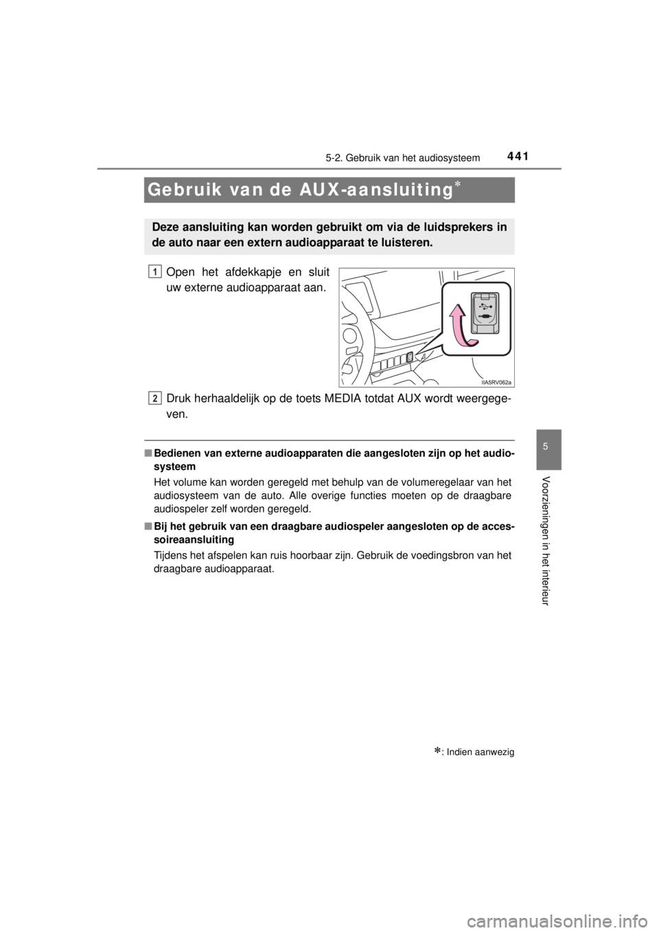 TOYOTA RAV4 2014  Instructieboekje (in Dutch) 441
5
5-2. Gebruik van het audiosysteem
Voorzieningen in het interieur
RAV4_OM_OM42A21E_(EE)
Gebruik van de AUX-aansluiting
Open het afdekkapje en sluit
uw externe audioapparaat aan.
Druk herhaalde