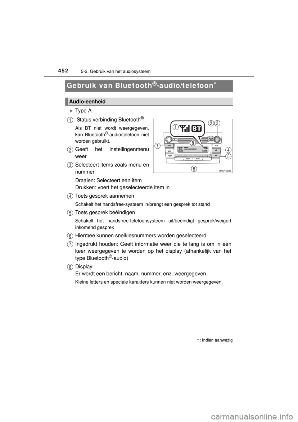 TOYOTA RAV4 2014  Instructieboekje (in Dutch) 4525-2. Gebruik van het audiosysteem
RAV4_OM_OM42A21E_(EE)
Gebruik van Bluetooth®-audio/telefoon
Ty p e  A
 Status verbinding Bluetooth
®
Als BT niet wordt weergegeven,
kan Bluetooth®-audio/t