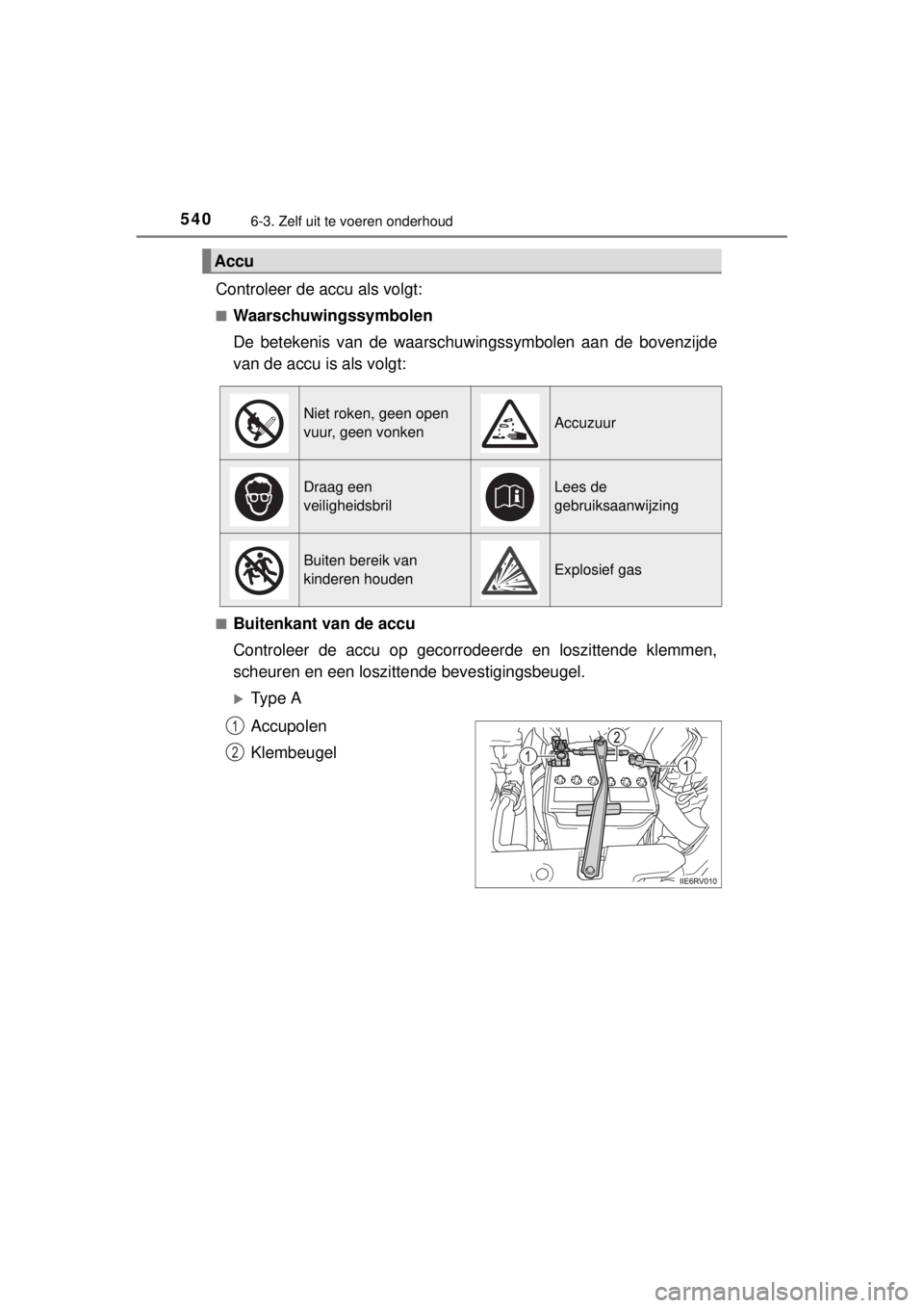TOYOTA RAV4 2014 Instructieboekje (in Dutch) 5406-3. Zelf uit te voeren onderhoud
RAV4_OM_OM42A21E_(EE)
Controleer de accu als volgt:
■Waarschuwingssymbolen
De betekenis van de waarschuwingssymbolen aan de bovenzijde
van de accu is als volgt:
TOYOTA RAV4 2014 Instructieboekje (in Dutch) 5406-3. Zelf uit te voeren onderhoud
RAV4_OM_OM42A21E_(EE)
Controleer de accu als volgt:
■Waarschuwingssymbolen
De betekenis van de waarschuwingssymbolen aan de bovenzijde
van de accu is als volgt: