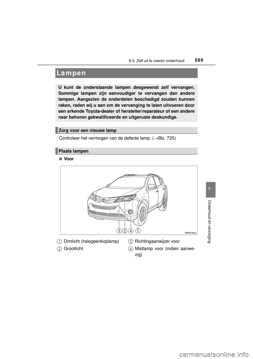 TOYOTA RAV4 2014  Instructieboekje (in Dutch) 589
6
6-3. Zelf uit te voeren onderhoud
Onderhoud en verzorging
RAV4_OM_OM42A21E_(EE)
Lampen
Controleer het vermogen van de defecte lamp. (Blz. 725)
■Voor
U kunt de onderstaande lampen desgewenst