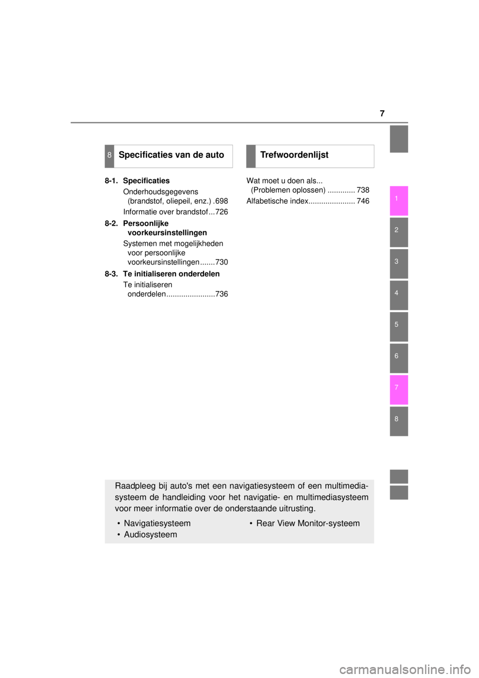 TOYOTA RAV4 2014  Instructieboekje (in Dutch) 7
1
8 7
6
5
4
3
2
RAV4_OM_OM42A21E_(EE)8-1. Specificaties
Onderhoudsgegevens 
(brandstof, oliepeil, enz.) .698
Informatie over brandstof ...726
8-2. Persoonlijke 
voorkeursinstellingen
Systemen met mo
