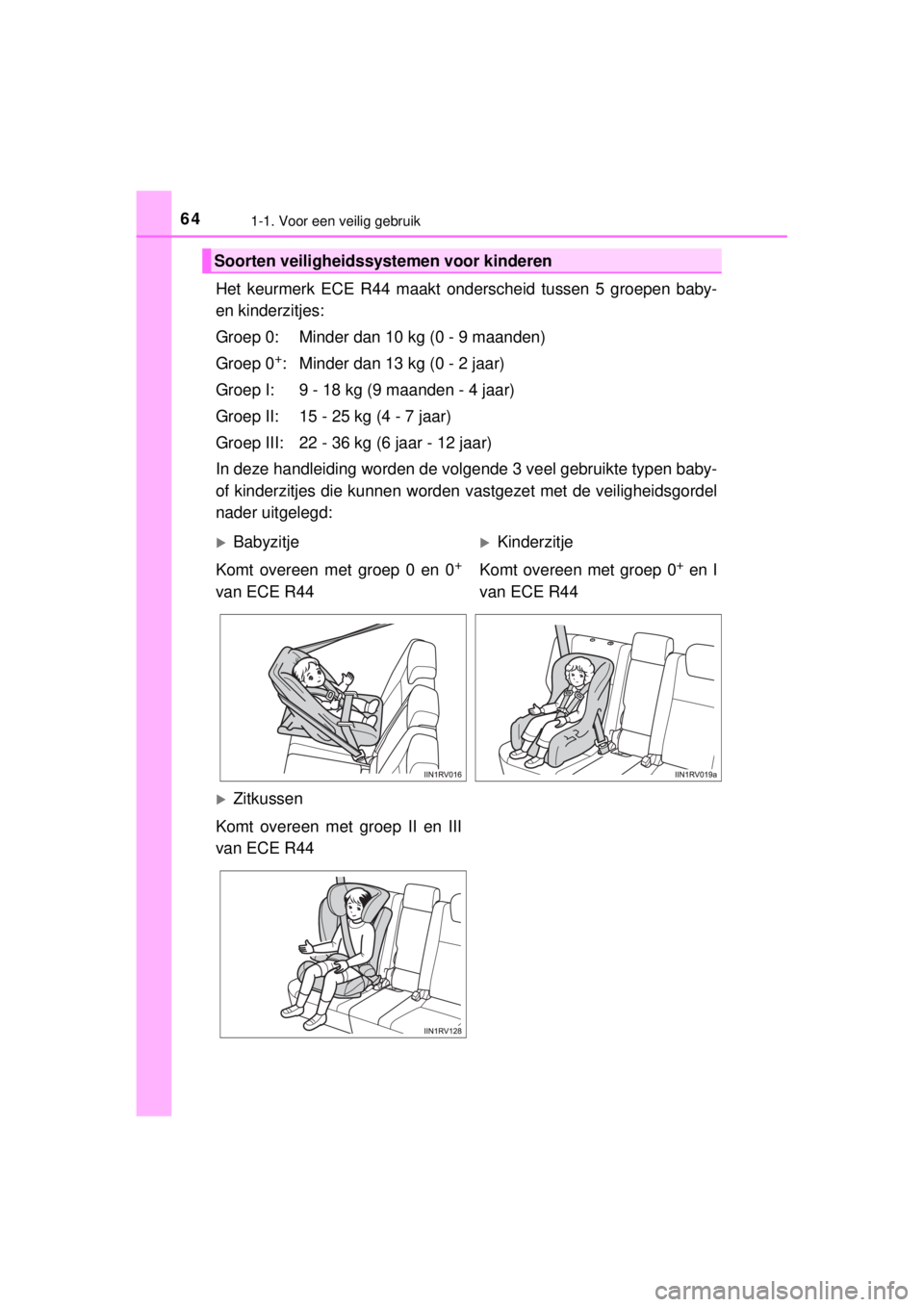 TOYOTA RAV4 2014 Instructieboekje (in Dutch) 641-1. Voor een veilig gebruik
RAV4_OM_OM42A21E_(EE)
Het keurmerk ECE R44 maakt onderscheid tussen 5 groepen baby-
en kinderzitjes:
Groep 0: Minder dan 10 kg (0 - 9 maanden)
Groep 0
+: Minder dan 13 k TOYOTA RAV4 2014 Instructieboekje (in Dutch) 641-1. Voor een veilig gebruik
RAV4_OM_OM42A21E_(EE)
Het keurmerk ECE R44 maakt onderscheid tussen 5 groepen baby-
en kinderzitjes:
Groep 0: Minder dan 10 kg (0 - 9 maanden)
Groep 0
+: Minder dan 13 k