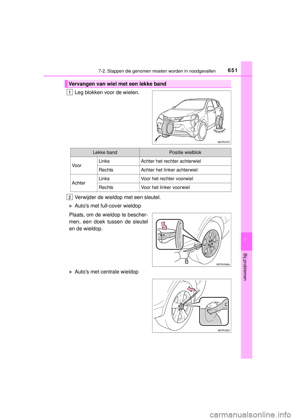 TOYOTA RAV4 2014 Instructieboekje (in Dutch) 6517-2. Stappen die genomen moeten worden in noodgevallen
7
Bij problemen
RAV4_OM_OM42A21E_(EE)
Leg blokken voor de wielen.
Verwijder de wieldop met een sleutel.
Autos met full-cover wieldop
Plaat TOYOTA RAV4 2014 Instructieboekje (in Dutch) 6517-2. Stappen die genomen moeten worden in noodgevallen
7
Bij problemen
RAV4_OM_OM42A21E_(EE)
Leg blokken voor de wielen.
Verwijder de wieldop met een sleutel.
Autos met full-cover wieldop
Plaat