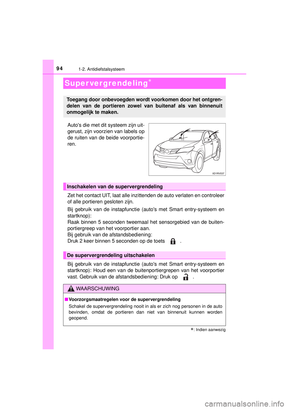 TOYOTA RAV4 2014 Instructieboekje (in Dutch) 941-2. Antidiefstalsysteem
RAV4_OM_OM42A21E_(EE)
Super vergrendeling
Autos die met dit systeem zijn uit-
gerust, zijn voorzien van labels op
de ruiten van de beide voorportie-
ren.
Zet het contact TOYOTA RAV4 2014 Instructieboekje (in Dutch) 941-2. Antidiefstalsysteem
RAV4_OM_OM42A21E_(EE)
Super vergrendeling
Autos die met dit systeem zijn uit-
gerust, zijn voorzien van labels op
de ruiten van de beide voorportie-
ren.
Zet het contact