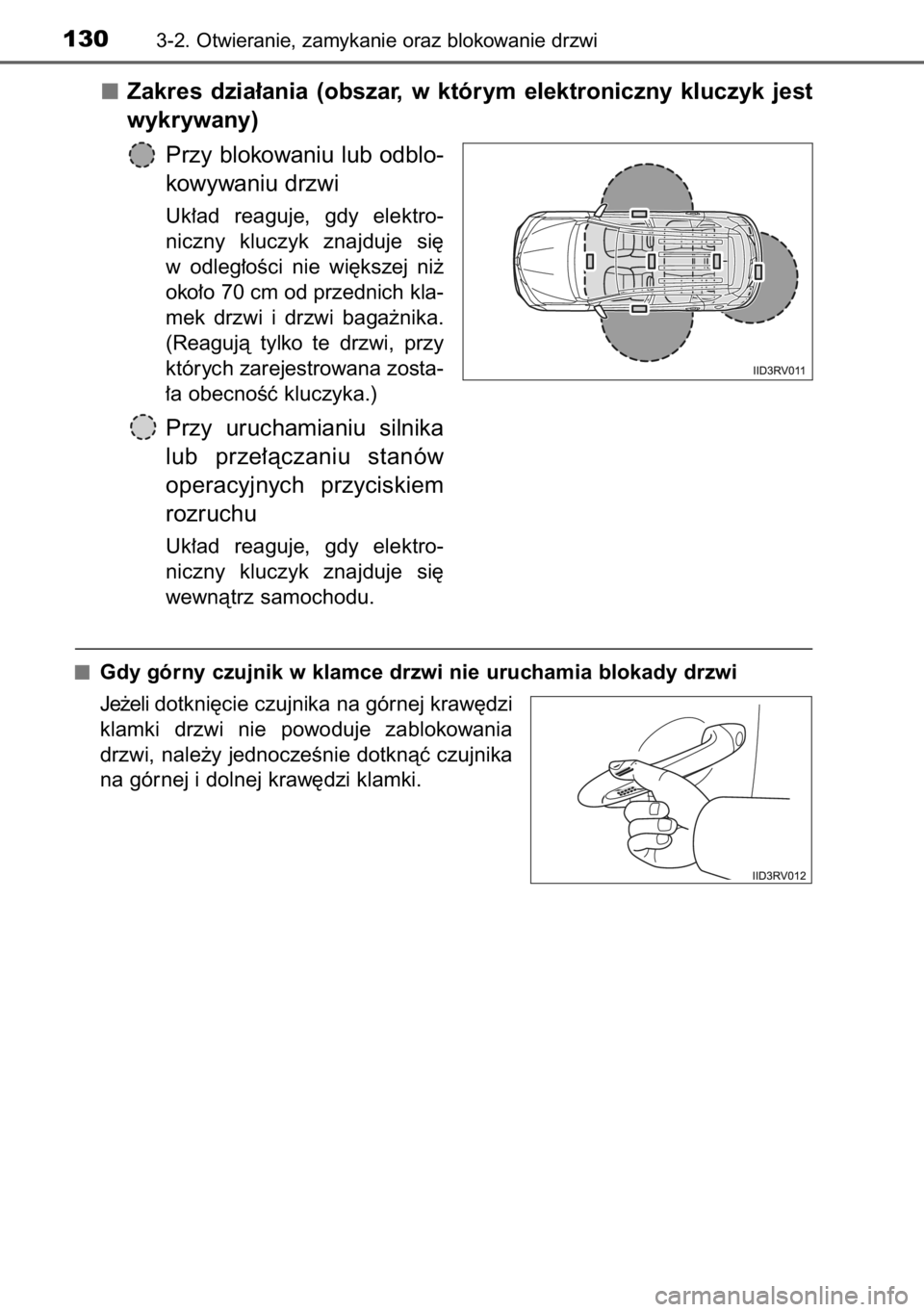 TOYOTA RAV4 2014  Instrukcja obsługi (in Polish) Zakres  dzia∏ania  (obszar,  w którym  elektroniczny  kluczyk  jest
wykrywany)
Przy blokowaniu lub odblo-
kowywaniu drzwi
Uk∏ad  reaguje,  gdy  elektro-
niczny  kluczyk  znajduje  si´
w odleg∏