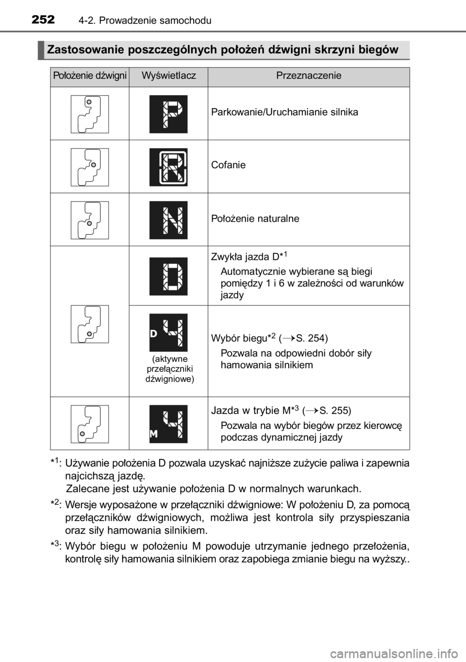 TOYOTA RAV4 2014  Instrukcja obsługi (in Polish) *1: U˝ywanie po∏o˝enia D pozwala uzyskaç najni˝sze zu˝ycie paliwa i zapewnia
najcichszà jazd´.
Zalecane jest u˝ywanie po∏o˝enia D w normalnych warunkach.
*
2: Wersje wyposa˝one w prze∏