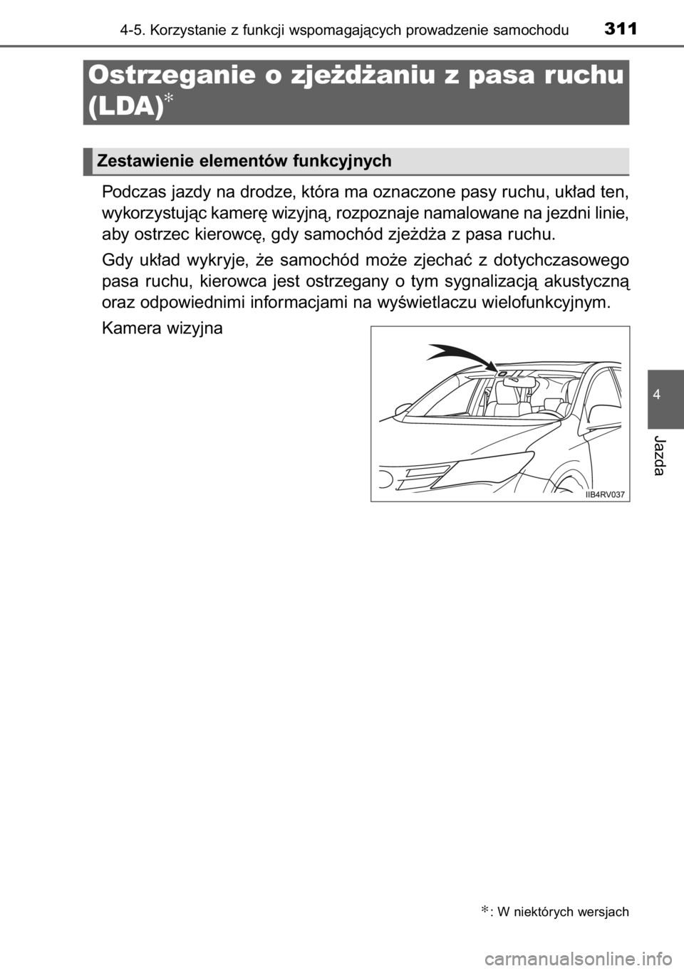 TOYOTA RAV4 2014  Instrukcja obsługi (in Polish) Podczas jazdy na drodze, która ma oznaczone pasy ruchu, uk∏ad ten,
wykorzystujàc kamer´ wizyjnà, rozpoznaje namalowane na jezdni linie,
aby ostrzec kierowc´, gdy samochód zje˝d˝a z pasa ruch