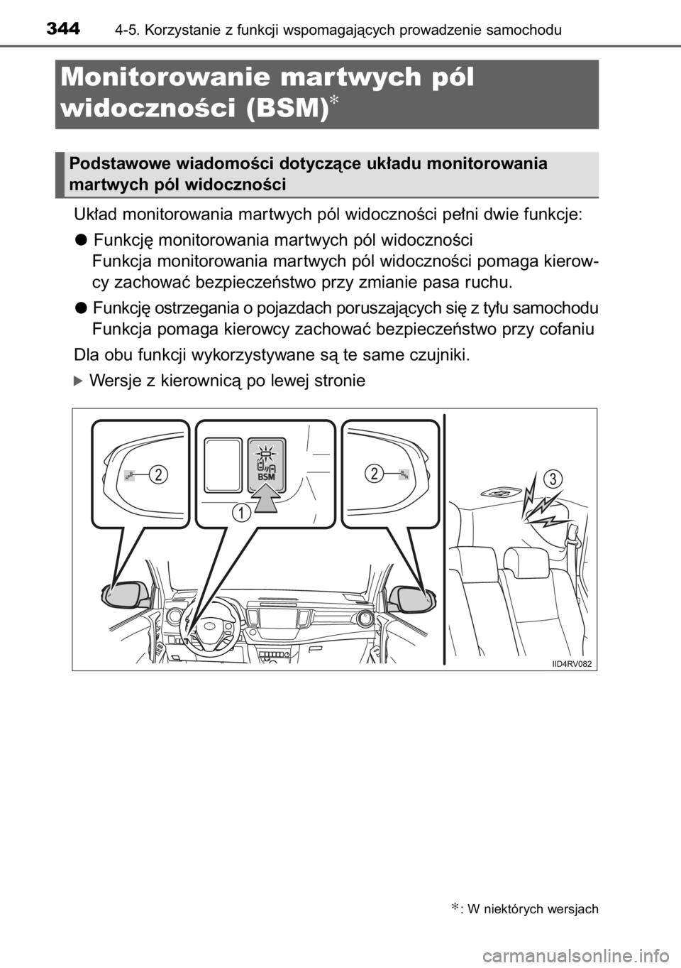 TOYOTA RAV4 2014  Instrukcja obsługi (in Polish) Uk∏ad monitorowania mar twych pól widocznoÊci pe∏ni dwie funkcje:
Funkcj´ monitorowania mar twych pól widocznoÊci
Funkcja monitorowania mar twych pól widocznoÊci pomaga kierow-
cy zachowaç