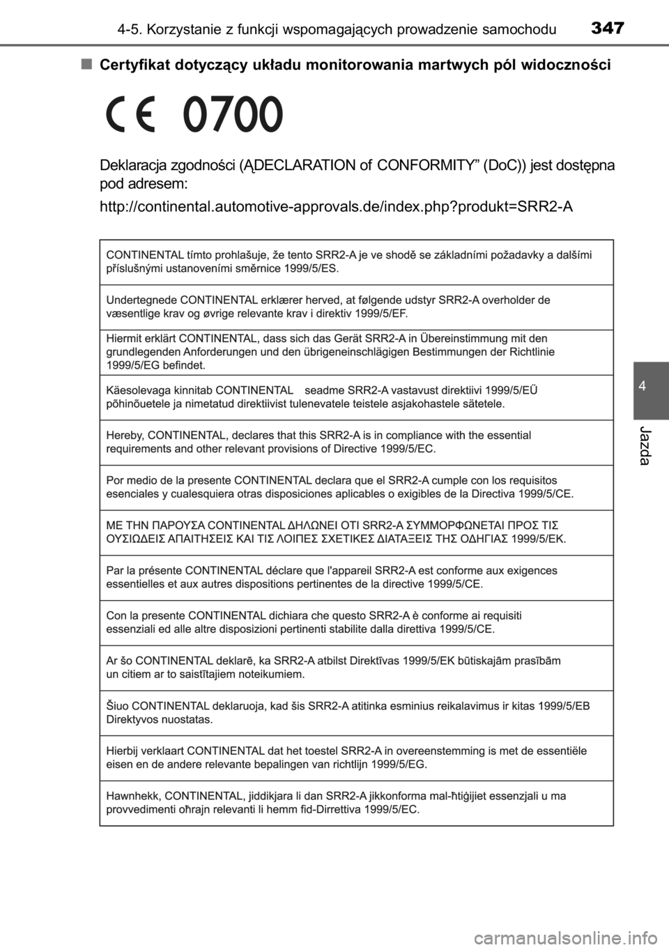TOYOTA RAV4 2014  Instrukcja obsługi (in Polish) Certyfikat dotyczàcy uk∏adu monitorowania martwych pól widocznoÊci
Deklaracja zgodnoÊci (ÑDECLARATION of CONFORMITY” (DoC)) jest dost´pna
pod adresem:
http://continental.automotive-approvals