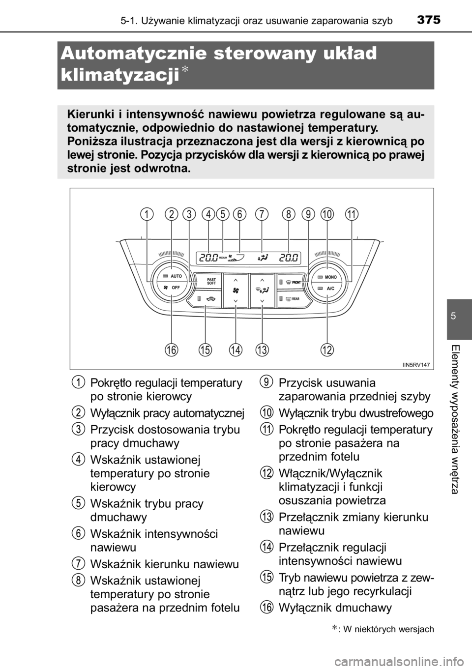 TOYOTA RAV4 2014  Instrukcja obsługi (in Polish) Pokr´t∏o regulacji temperatury
po stronie kierowcy
Wy∏àcznik pracy automatycznej
Przycisk dostosowania trybu
pracy dmuchawy
Wskaênik ustawionej
temperatury po stronie
kierowcy
Wskaênik trybu p