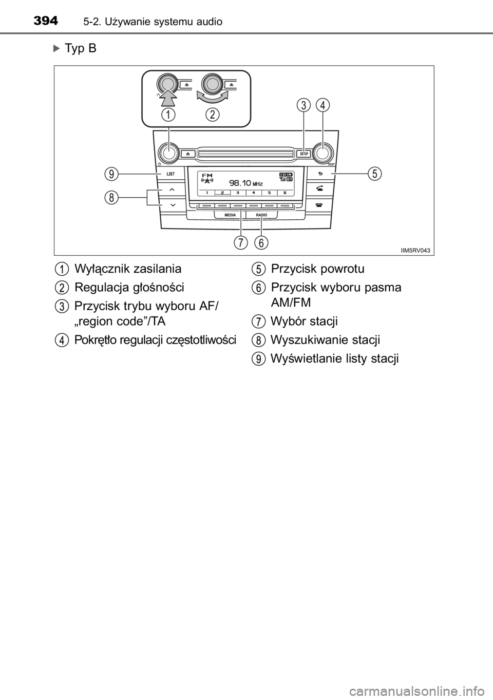 TOYOTA RAV4 2014  Instrukcja obsługi (in Polish) óTyp B
3945-2. U˝ywanie systemu audio
Wy∏àcznik zasilania
Regulacja g∏oÊnoÊci
Przycisk trybu wyboru AF/
„region code”/TA
Pokr´t∏o regulacji cz´stotliwoÊciPrzycisk powrotu
Przycisk wy