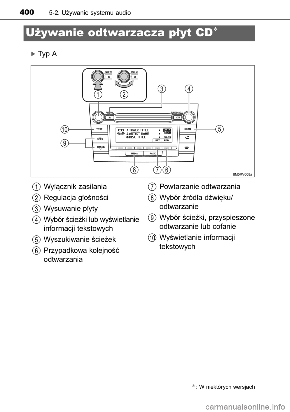 TOYOTA RAV4 2014  Instrukcja obsługi (in Polish) óTyp A
4005-2. U˝ywanie systemu audio
U˝ywanie odtwarzacza p∏yt CD✻
Wy∏àcznik zasilania
Regulacja g∏oÊnoÊci
Wysuwanie p∏yty
Wybór Êcie˝ki lub wyÊwietlanie
informacji tekstowych
Wys