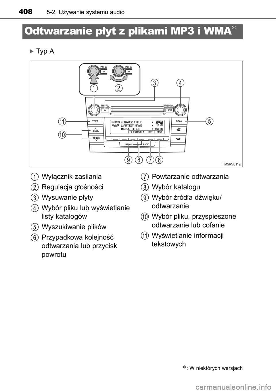 TOYOTA RAV4 2014  Instrukcja obsługi (in Polish) óTyp A
4085-2. U˝ywanie systemu audio
Odtwarzanie p∏yt z plikami MP3 i WMA✻
Wy∏àcznik zasilania
Regulacja g∏oÊnoÊci
Wysuwanie p∏yty
Wybór pliku lub wyÊwietlanie
listy katalogów
Wyszu