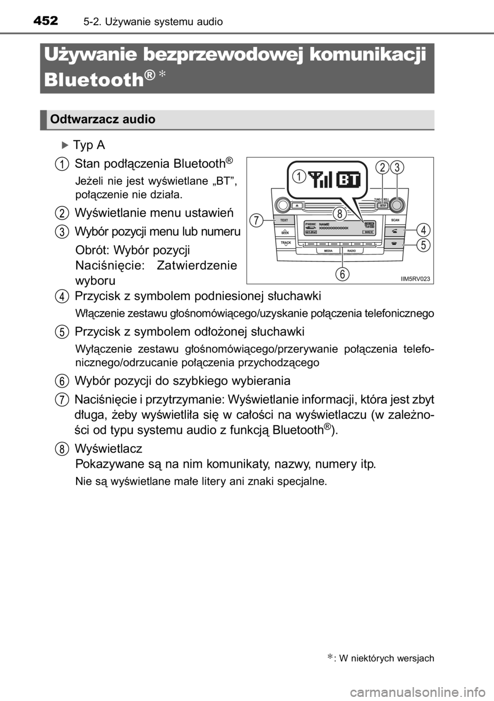 TOYOTA RAV4 2014  Instrukcja obsługi (in Polish) óTyp A
Stan pod∏àczenia Bluetooth
®
Je˝eli  nie  jest  wyÊwietlane  „BT”,
po∏àczenie nie dzia∏a.
WyÊwietlanie menu ustawieƒ
Wybór pozycji menu lub numeru
Obrót: Wybór pozycji
Naci