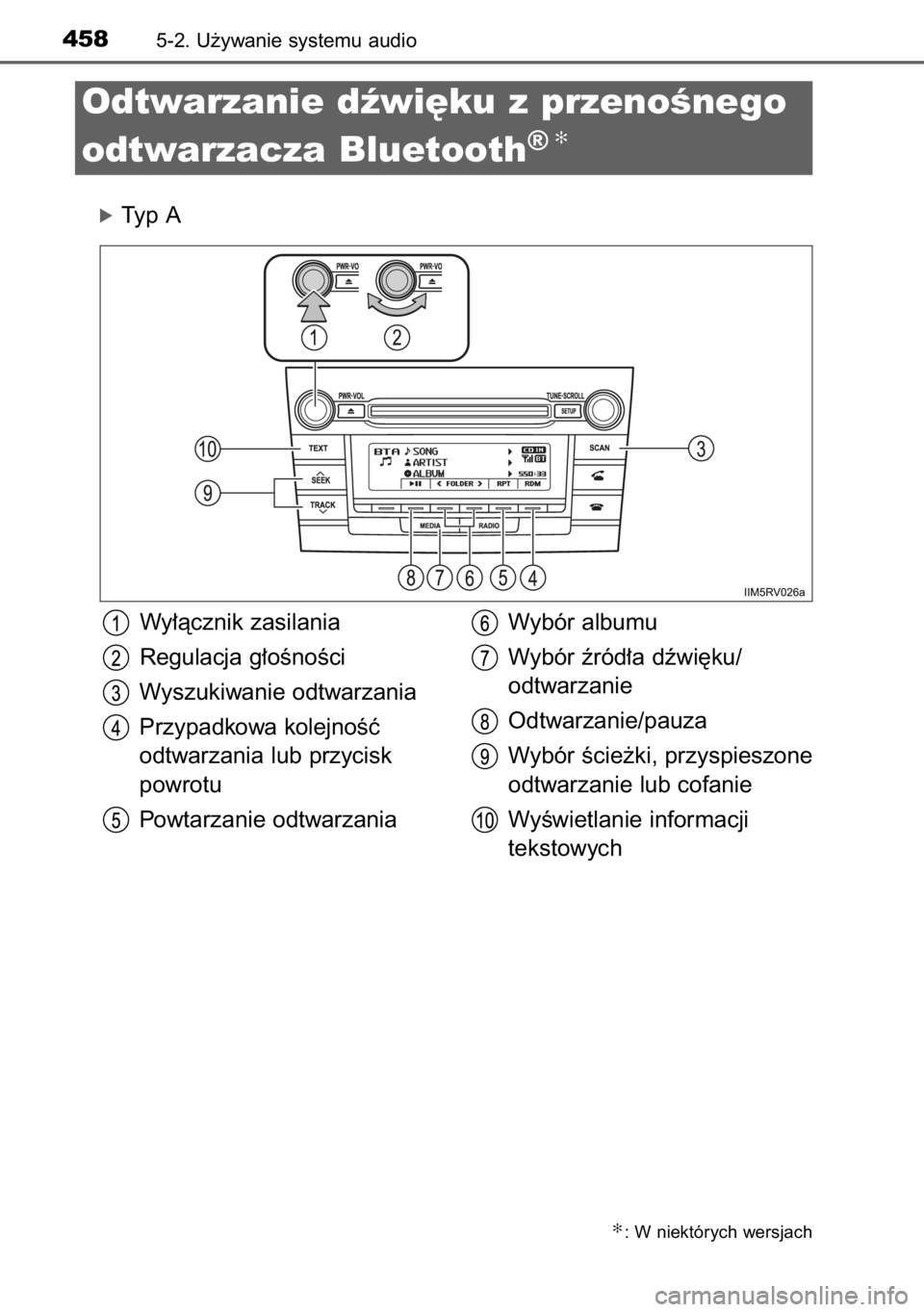 TOYOTA RAV4 2014  Instrukcja obsługi (in Polish) óTyp A
4585-2. U˝ywanie systemu audio
Odtwarzanie dêwi´ku z przenoÊnego
odtwarzacza Bluetooth
®✻
✻: W niektórych wersjach
Wy∏àcznik zasilania
Regulacja g∏oÊnoÊci
Wyszukiwanie odtwarz
