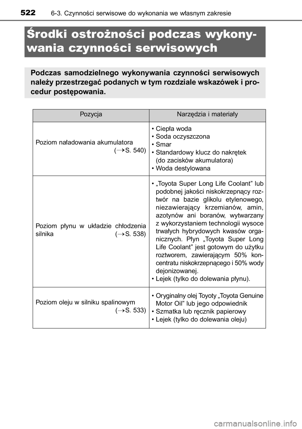 TOYOTA RAV4 2014  Instrukcja obsługi (in Polish) 5226-3. CzynnoÊci serwisowe do wykonania we w∏asnym zakresie
Ârodki ostro˝noÊci podczas wykony-
wania czynnoÊci serwisowych
Podczas  samodzielnego  wykonywania  czynnoÊci  serwisowych
nale˝y 