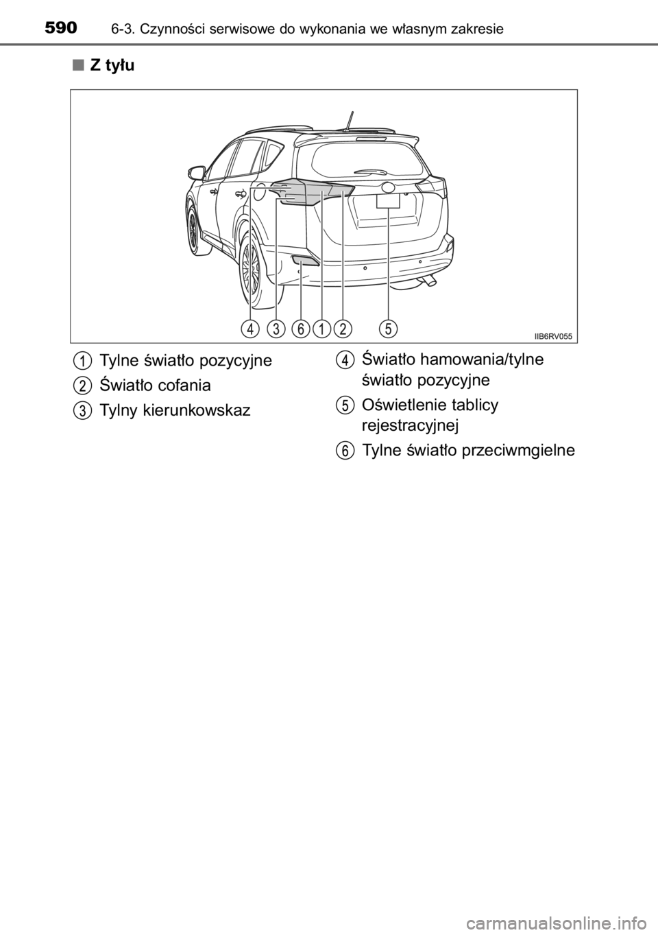 TOYOTA RAV4 2014  Instrukcja obsługi (in Polish) Z ty∏u
Tylne Êwiat∏o pozycyjne
Âwiat∏o cofania
Tylny kierunkowskazÂwiat∏o hamowania/tylne
Êwiat∏o pozycyjne
OÊwietlenie tablicy
rejestracyjnej
Tylne Êwiat∏o przeciwmgielne
5906-3. Cz