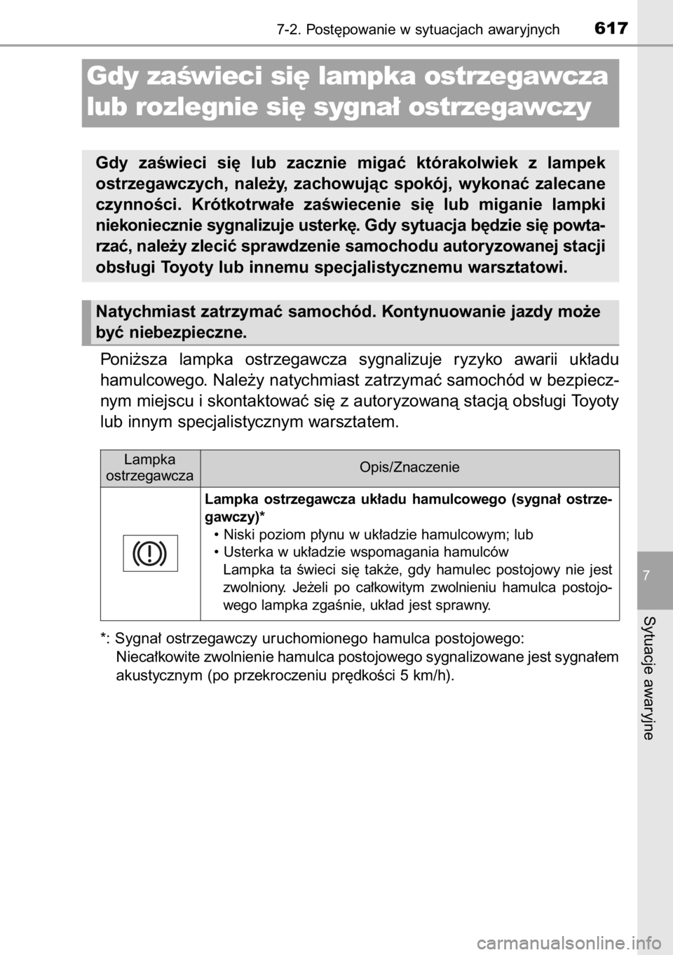 TOYOTA RAV4 2014  Instrukcja obsługi (in Polish) Poni˝sza  lampka  ostrzegawcza  sygnalizuje  ryzyko  awarii  uk∏adu
hamulcowego. Nale˝y natychmiast zatrzymaç samochód w bezpiecz-
nym miejscu i skontaktowaç si´ z autoryzowanà stacjà obs∏