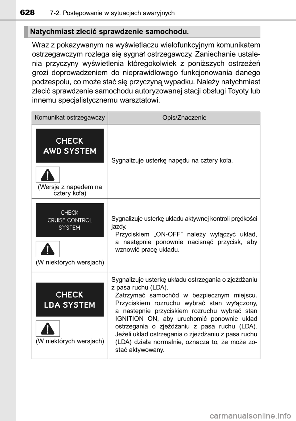 TOYOTA RAV4 2014  Instrukcja obsługi (in Polish) Wraz z pokazywanym na wyÊwietlaczu wielofunkcyjnym komunikatem
ostrzegawczym rozlega si´ sygna∏ ostrzegawczy. Zaniechanie ustale-
nia  przyczyny  wyÊwietlenia  któregokolwiek  z poni˝szych  ost