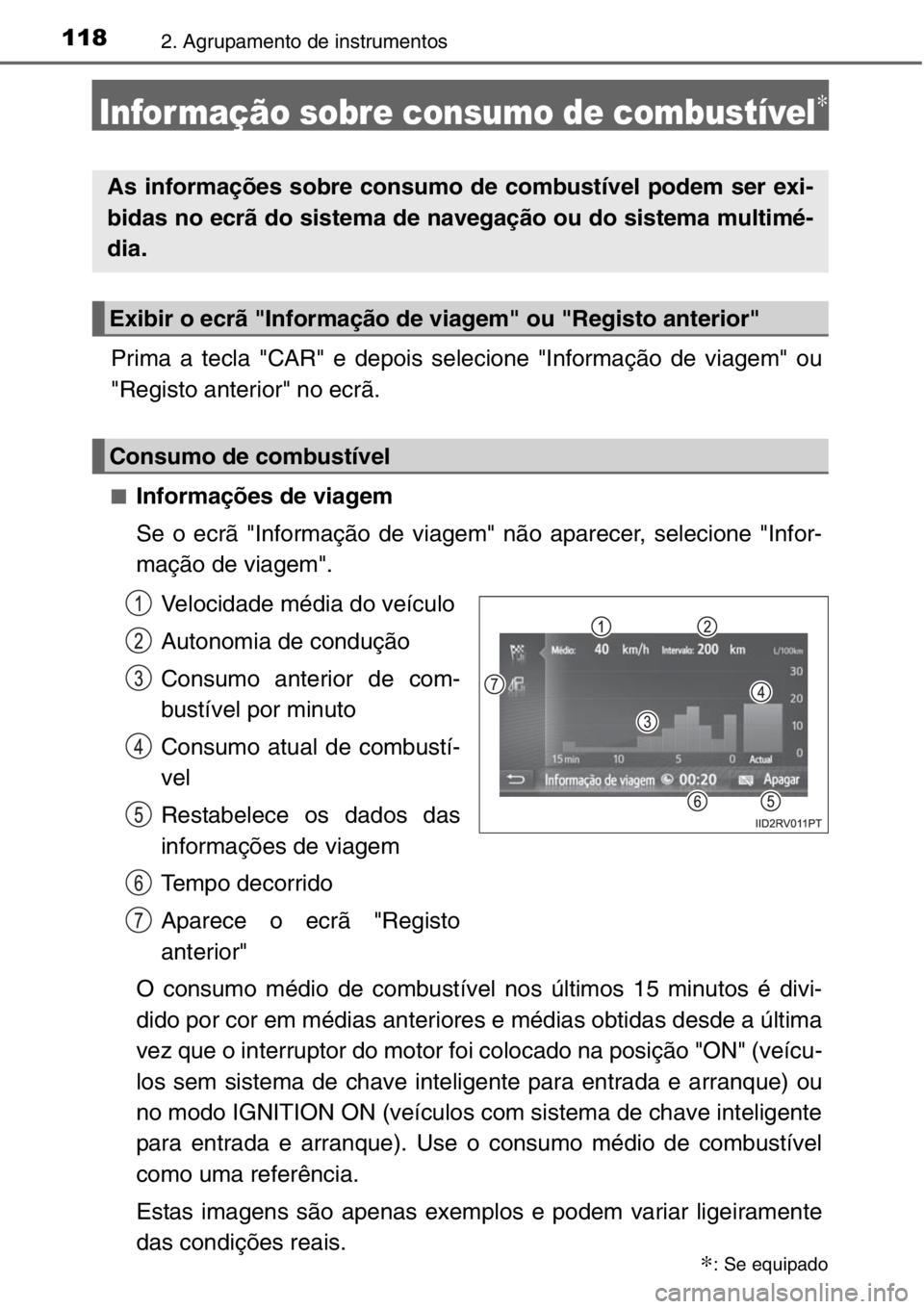 TOYOTA RAV4 2014  Manual de utilização (in Portuguese) 1182. Agrupamento de instrumentos
Informação sobre consumo de combustível∗
Prima a tecla "CAR" e depois selecione "Informação de viagem" ou
"Registo anterior" no ecrã.
