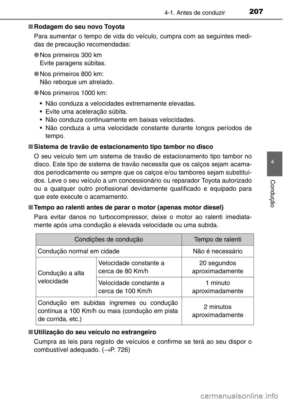 TOYOTA RAV4 2014  Manual de utilização (in Portuguese) 2074-1. Antes de conduzir
4
Condução
■Rodagem do seu novo Toyota
Para aumentar o tempo de vida do veículo, cumpra com as seguintes medi-
das de precaução recomendadas:
●Nos primeiros 300 km 
