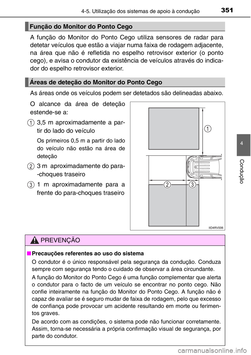TOYOTA RAV4 2014 Manual de utilização (in Portuguese) 3514-5. Utilização dos sistemas de apoio à condução
4
Condução
A função do Monitor do Ponto Cego utiliza sensores de radar para
detetar veículos que estão a viajar numa faixa de rodagem adj TOYOTA RAV4 2014 Manual de utilização (in Portuguese) 3514-5. Utilização dos sistemas de apoio à condução
4
Condução
A função do Monitor do Ponto Cego utiliza sensores de radar para
detetar veículos que estão a viajar numa faixa de rodagem adj