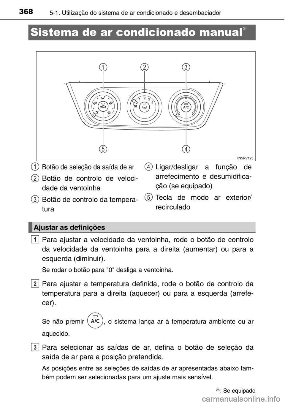 TOYOTA RAV4 2014 Manual de utilização (in Portuguese) 3685-1. Utilização do sistema de ar condicionado e desembaciador
Sistema de ar condicionado manual∗
Para ajustar a velocidade da ventoinha, rode o botão de controlo
da velocidade da ventoinha par TOYOTA RAV4 2014 Manual de utilização (in Portuguese) 3685-1. Utilização do sistema de ar condicionado e desembaciador
Sistema de ar condicionado manual∗
Para ajustar a velocidade da ventoinha, rode o botão de controlo
da velocidade da ventoinha par