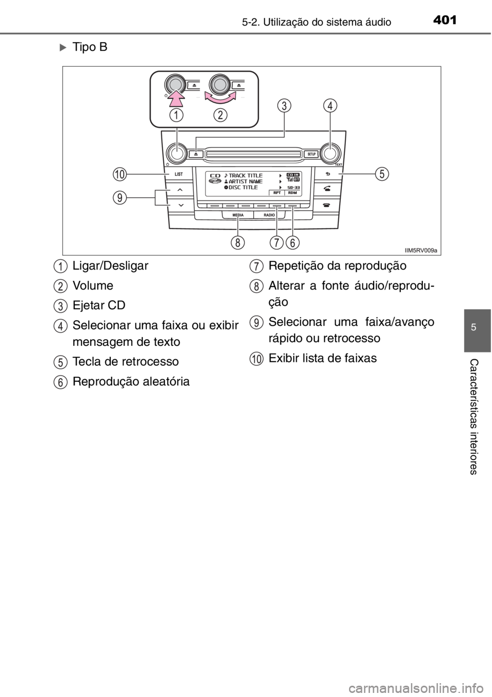 TOYOTA RAV4 2014  Manual de utilização (in Portuguese) 4015-2. Utilização do sistema áudio
5
Características interiores
�XTipo B
Ligar/Desligar
Vo l u m e
Ejetar CD
Selecionar uma faixa ou exibir
mensagem de texto
Tecla de retrocesso
Reprodução alea