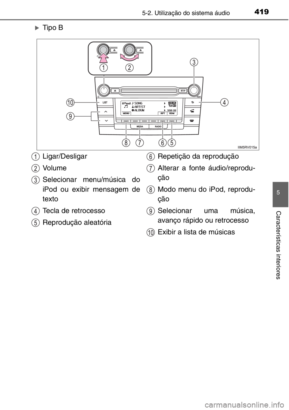TOYOTA RAV4 2014  Manual de utilização (in Portuguese) 4195-2. Utilização do sistema áudio
5
Características interiores
�XTipo B
Ligar/Desligar
Vo l u m e
Selecionar menu/música do
iPod ou exibir mensagem de
texto
Tecla de retrocesso
Reprodução ale