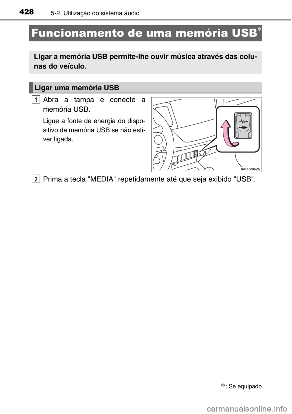 TOYOTA RAV4 2014  Manual de utilização (in Portuguese) 4285-2. Utilização do sistema áudio
Funcionamento de uma memória USB∗
Abra a tampa e conecte a
memória USB.
Ligue a fonte de energia do dispo-
sitivo de memória USB se não esti-
ver ligada.
P
