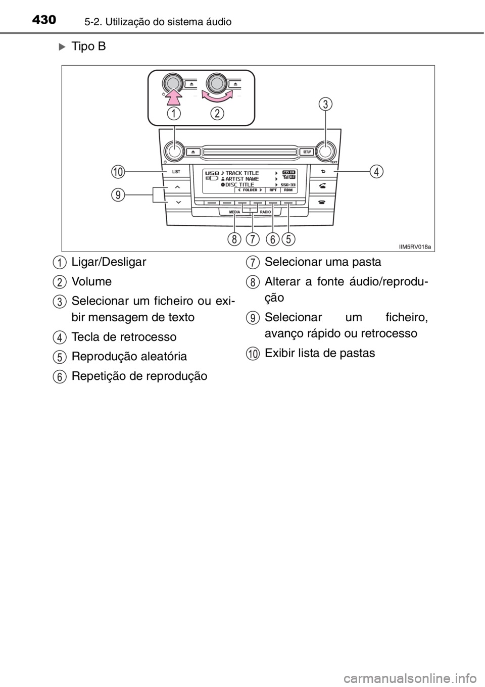 TOYOTA RAV4 2014  Manual de utilização (in Portuguese) 4305-2. Utilização do sistema áudio
�XTipo B
Ligar/Desligar
Vo l u m e
Selecionar um ficheiro ou exi-
bir mensagem de texto
Tecla de retrocesso
Reprodução aleatória
Repetição de reproduçãoSe