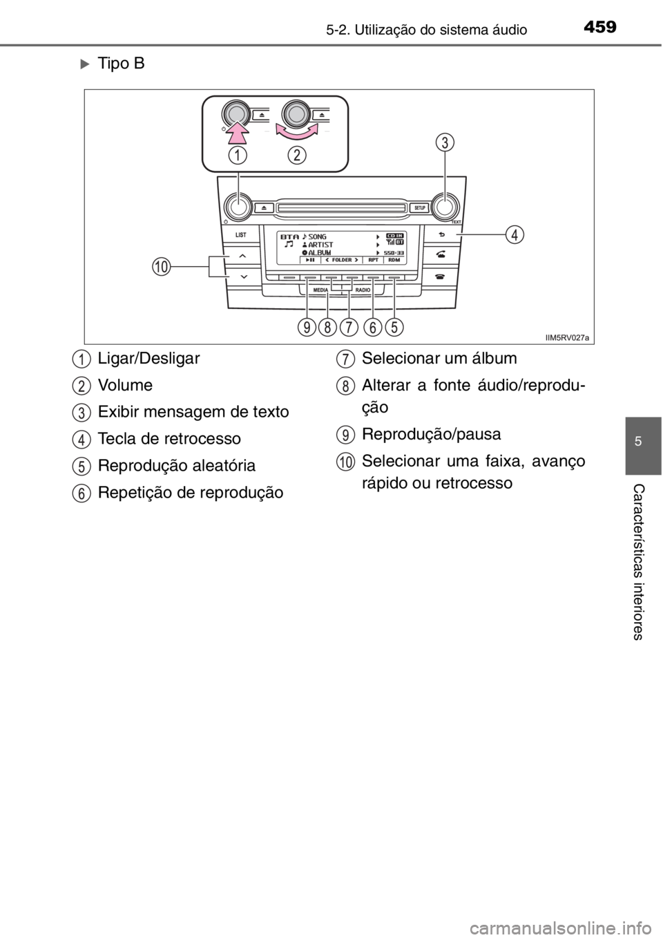 TOYOTA RAV4 2014  Manual de utilização (in Portuguese) 4595-2. Utilização do sistema áudio
5
Características interiores
�XTipo B
Ligar/Desligar
Vo l u m e
Exibir mensagem de texto
Tecla de retrocesso
Reprodução aleatória
Repetição de reprodução