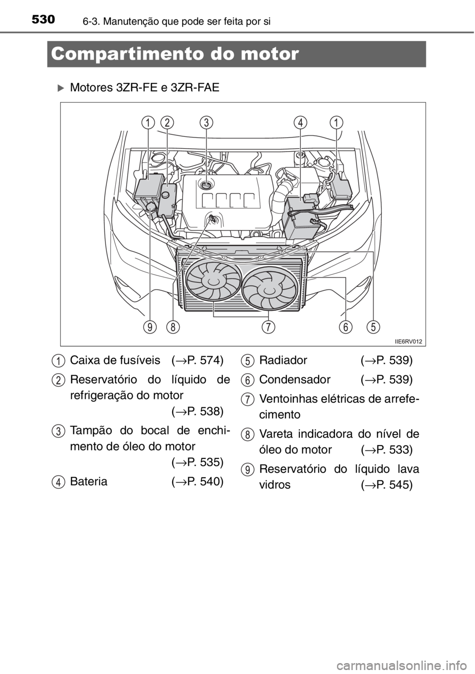 TOYOTA RAV4 2014  Manual de utilização (in Portuguese) 5306-3. Manutenção que pode ser feita por si
Compar timento do motor
�XMotores 3ZR-FE e 3ZR-FAE
Caixa de fusíveis (→P. 574)
Reservatório do líquido de
refrigeração do motor 
(→P. 538)
Tamp