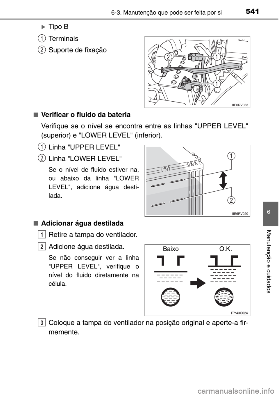 TOYOTA RAV4 2014  Manual de utilização (in Portuguese) 5416-3. Manutenção que pode ser feita por si
6
Manutenção e cuidados
�XTipo B
Terminais
Suporte de fixação
■Verificar o fluido da bateria
Verifique se o nível se encontra entre as linhas "