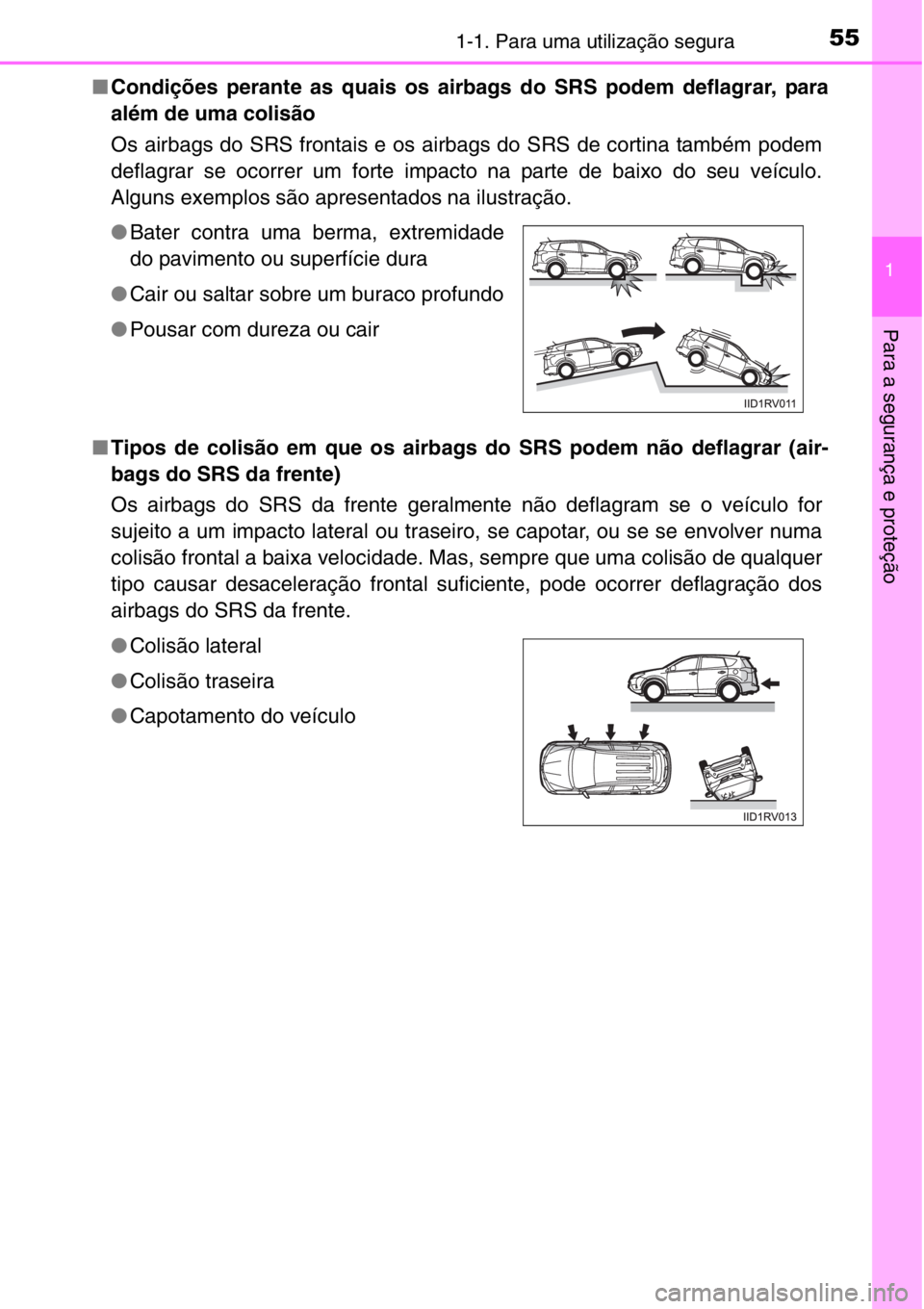 TOYOTA RAV4 2014  Manual de utilização (in Portuguese) 551-1. Para uma utilização segura
1
Para a segurança e proteção
■Condições perante as quais os airbags do SRS podem deflagrar, para
além de uma colisão
Os airbags do SRS frontais e os airba