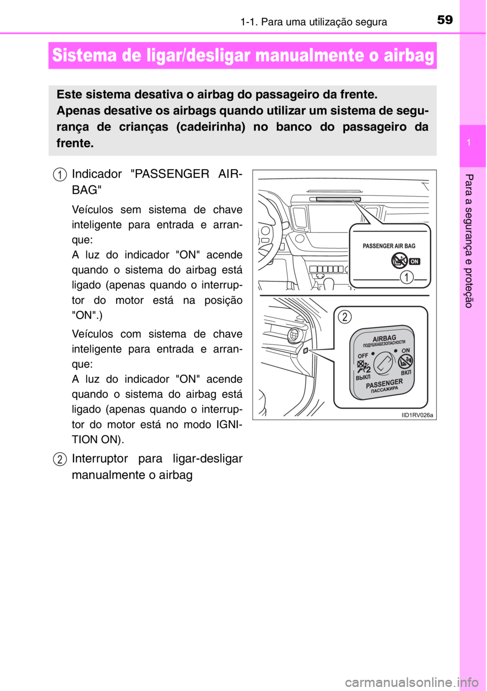 TOYOTA RAV4 2014  Manual de utilização (in Portuguese) 591-1. Para uma utilização segura
1
Para a segurança e proteção
Sistema de ligar/desligar manualmente o airbag
Indicador "PASSENGER AIR-
BAG"
Veículos sem sistema de chave
inteligente pa